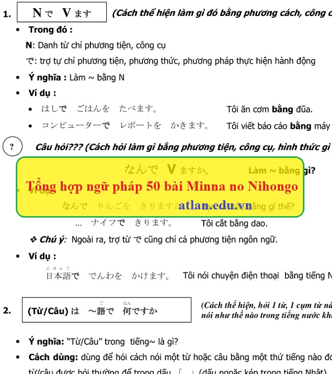 Tổng hợp ngữ pháp 50 bài Minna no Nihongo